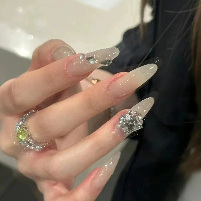 Brazil Translucent Gray Rhinestone Decor Press On Nails Minimal Cold Sense Stylish European American Removable False Nails Qme