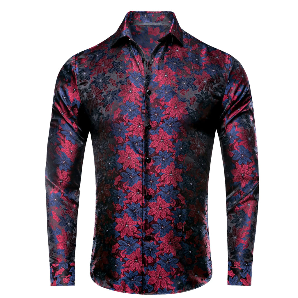 Hi-Tie Fashion Mens Silk Shirts Long Sleeve Gold Blue Paisley Jacquard Lapel Shirt Casual Formal Wedding Business Party Gifts Qme CY-1002 S