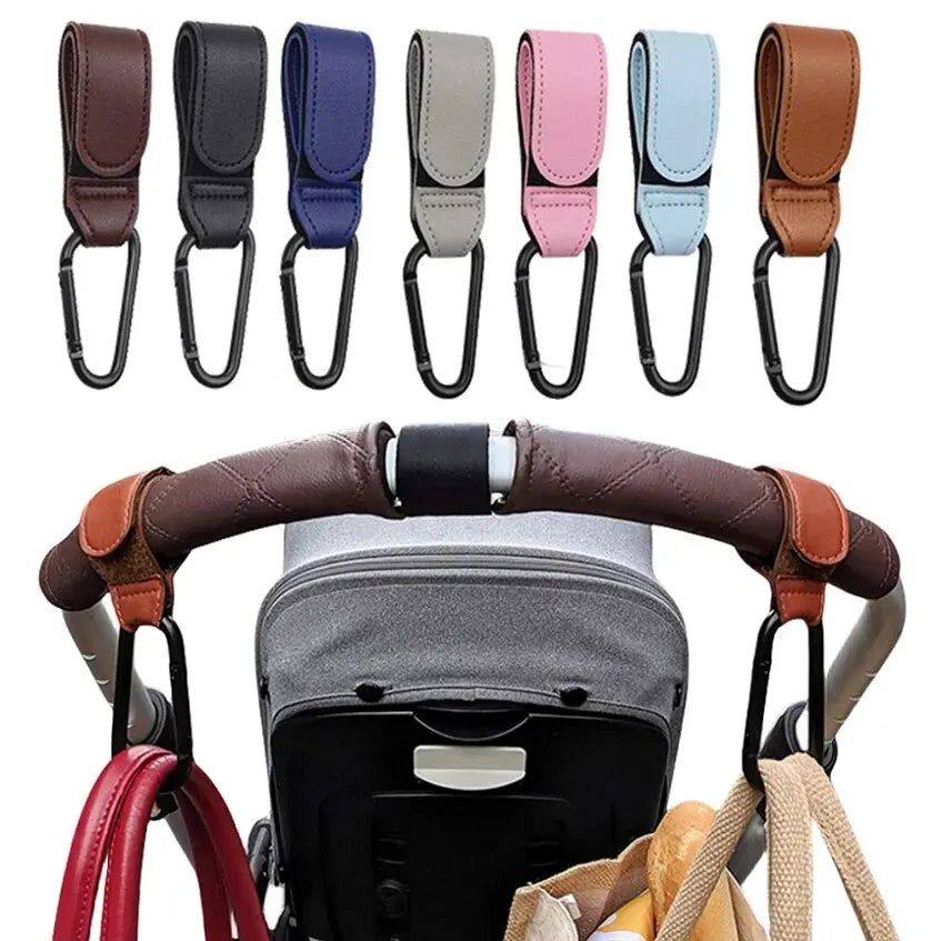 2Pcs Leather Cart Hooks Baby Stroller Hook PU Adjustable Pram Hook Organizer Diaper Bag Hanger Children Travel Accessories Qme