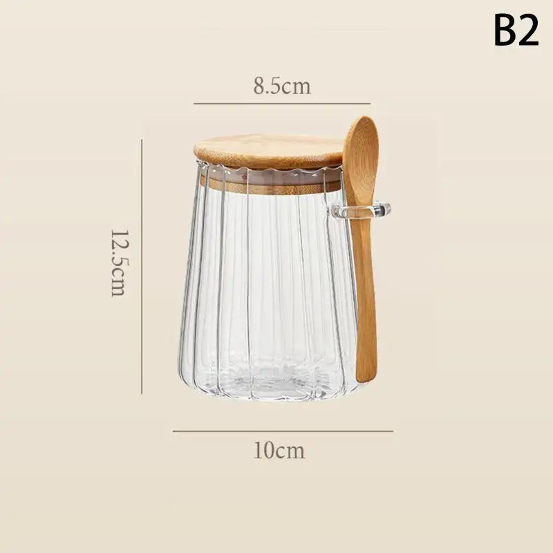 Clear Glass Food Containers with Wood Lid and Spoon Kitchen Storage Jar Sealed Cans for Loose Tea Candy Cereal Organizer Qme B2