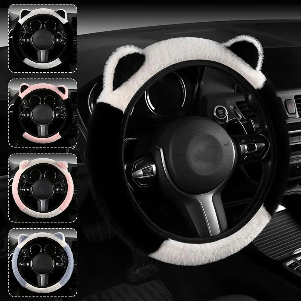 CAR Winter Plush Car Steering Wheel Protective Cover Universal Non-slip Soft Cute Cat Ears Plush Steering Wheel Cover Qme