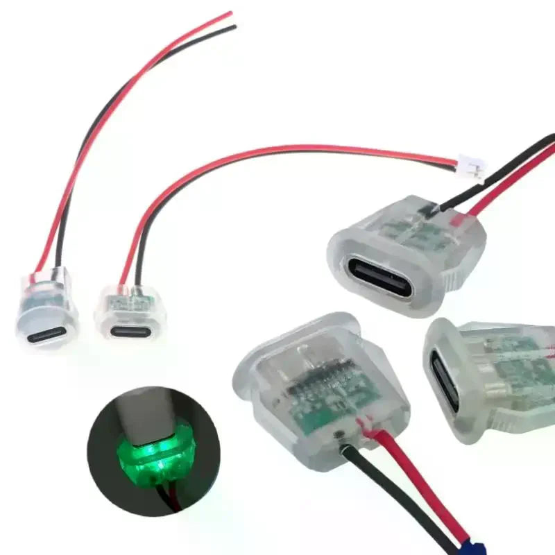 5/10Pcs Waterproof USB-C Power Port Female Connectors Transparent 2Pin USB Type-C With LED Lights Input Type Charging Socket Qme