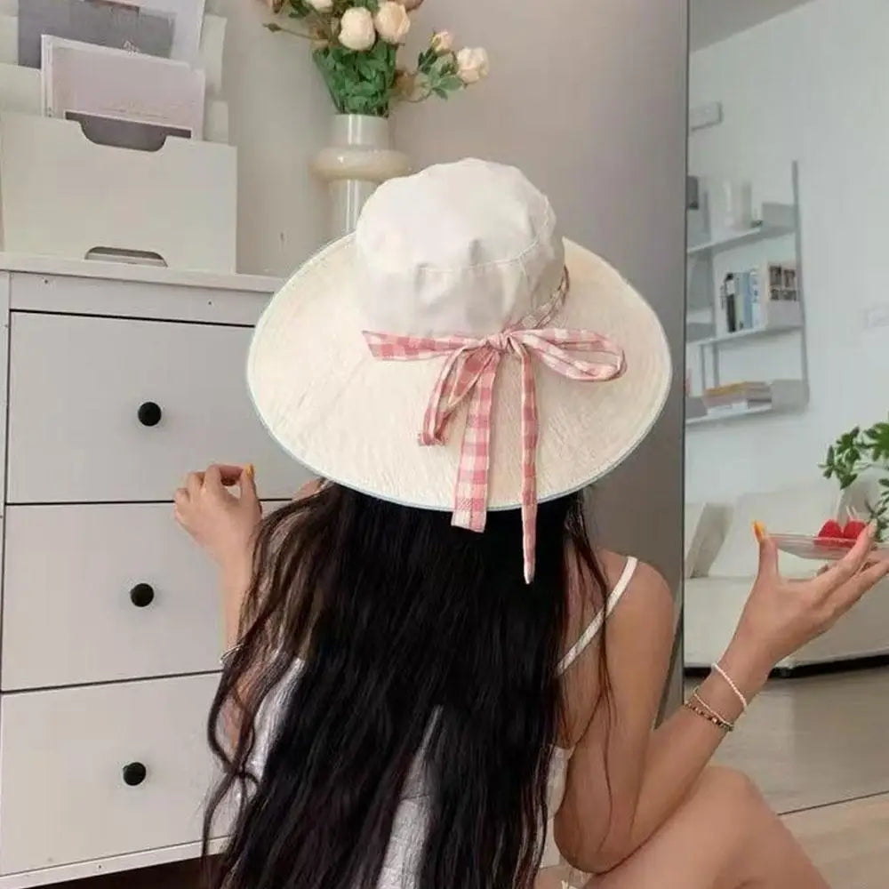 Women Girl Fisherman Hat Double Sided Sun Korean Ins Plaid Tie Strap Qme