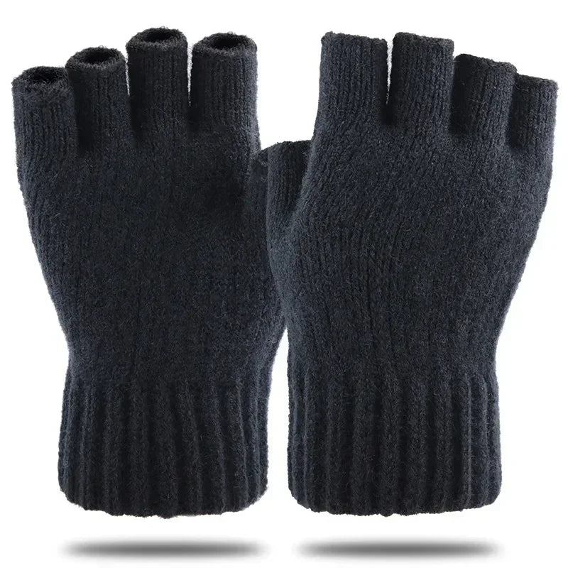 Winter Gloves Men Half Finger Writting Office Cycling Knitted Qme black One Size