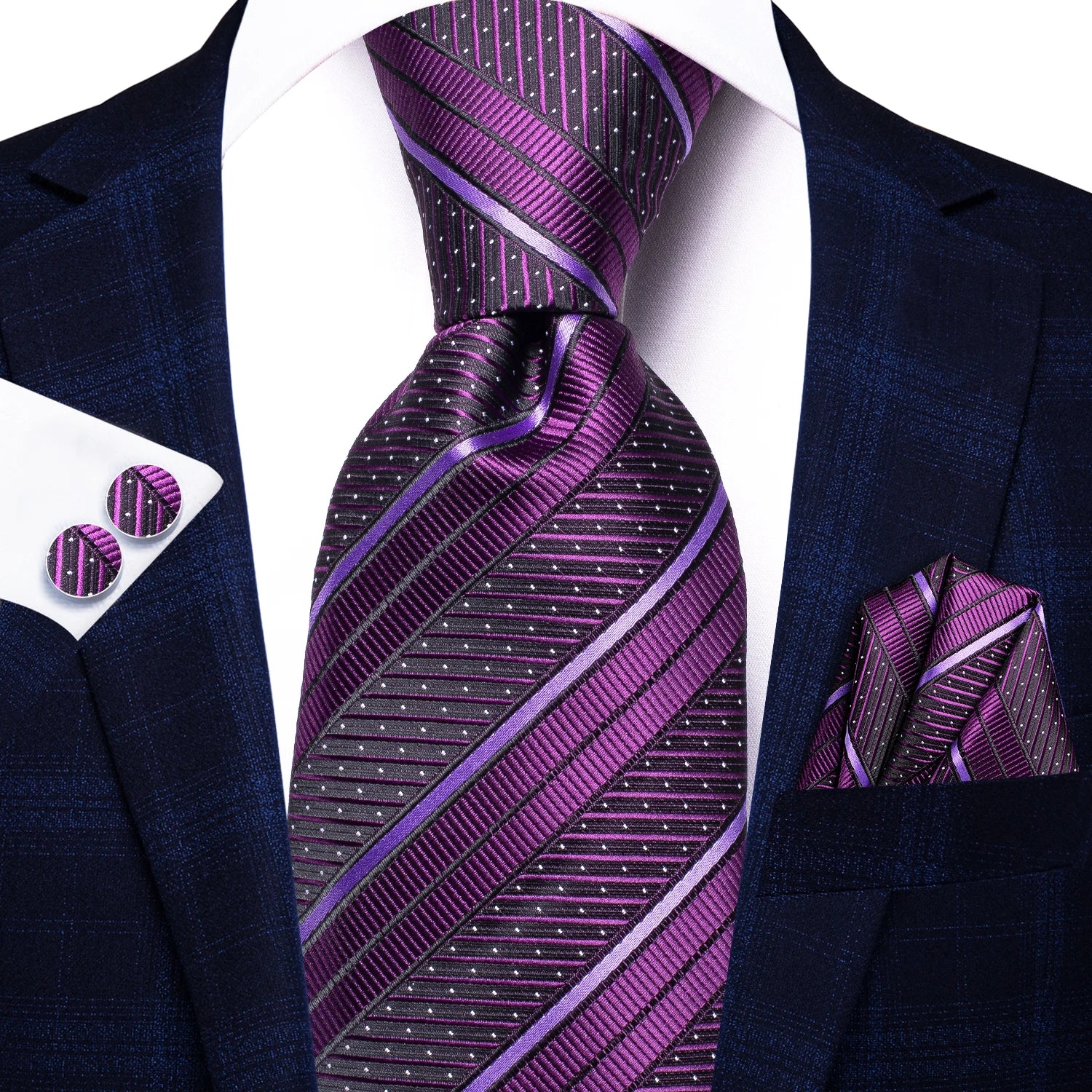 Hi-Tie Striped Light Blue Yellow Pink Men Elegant Necktie Hanky Cufflinks for Tuxedo Fashion Classic Silk Luxury Tie for Man Qme N-3474