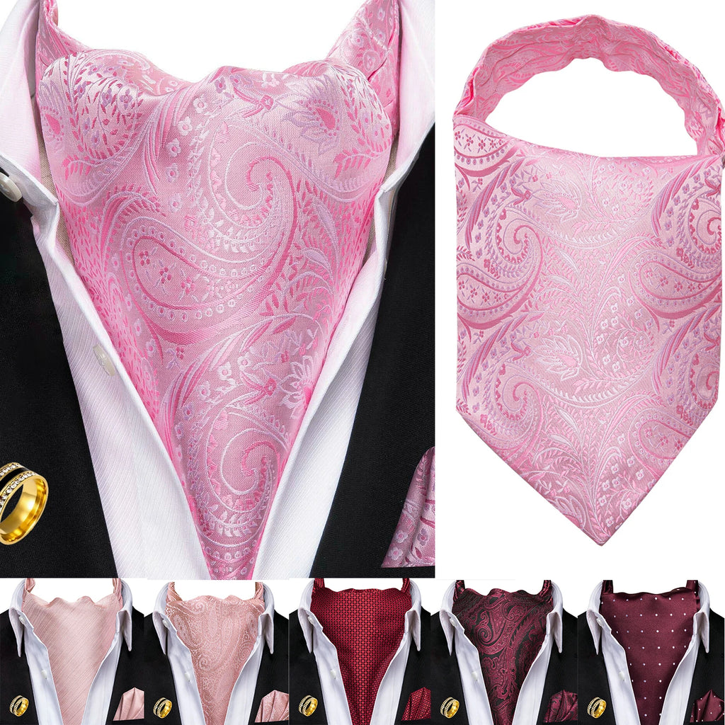 Ascot Tie Set, Classic Cravat with Pocket Square & Decorative Ring, Fashion Men's Neck Accessories Wedding Party silk Daily Wear Qme