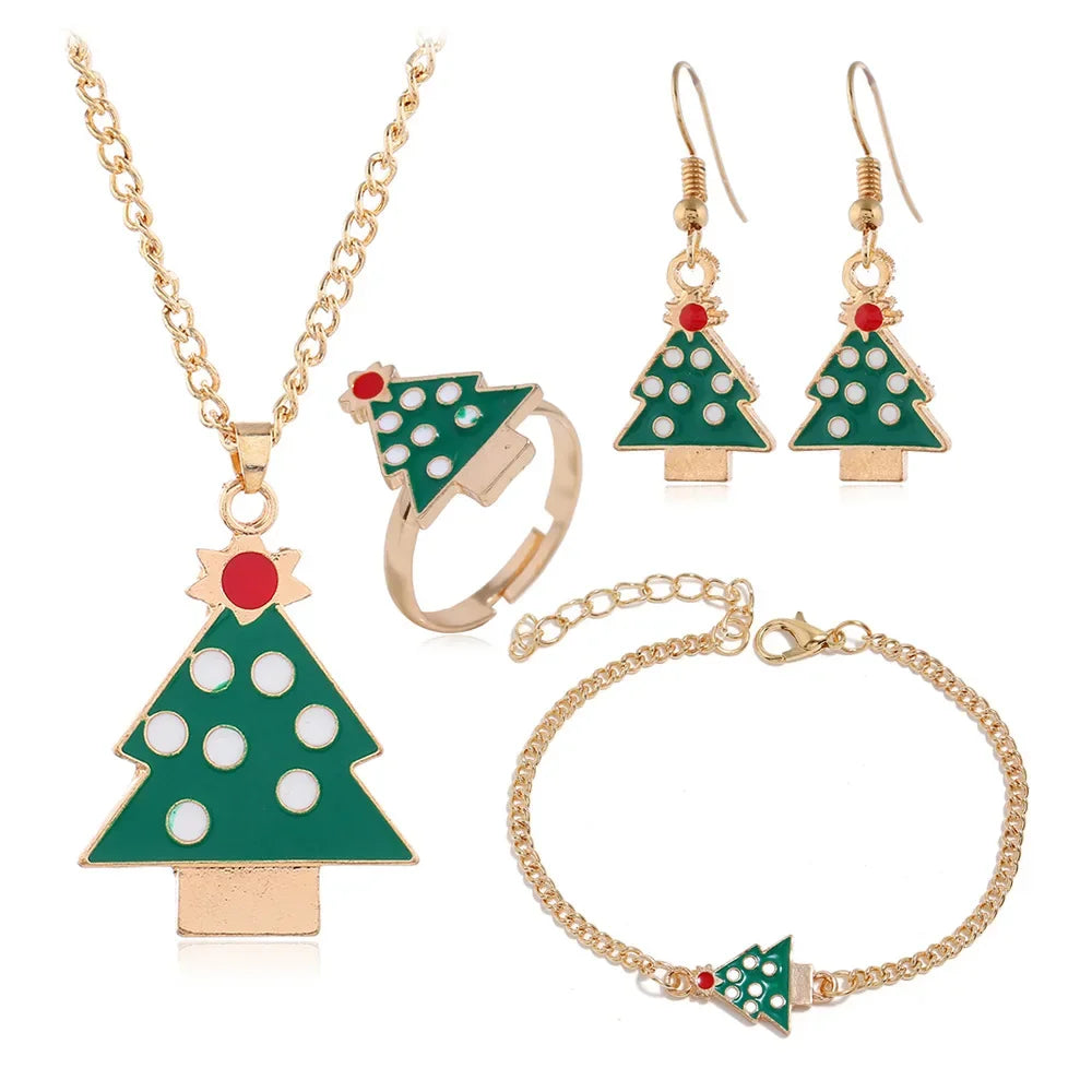 4PCS/Set Christmas Women Alloy Jewelry Set Santa Elk Bell Earrings Necklace Bracelet Decor Xmas Accessories Gift for Girl Women Qme tree China Mainland