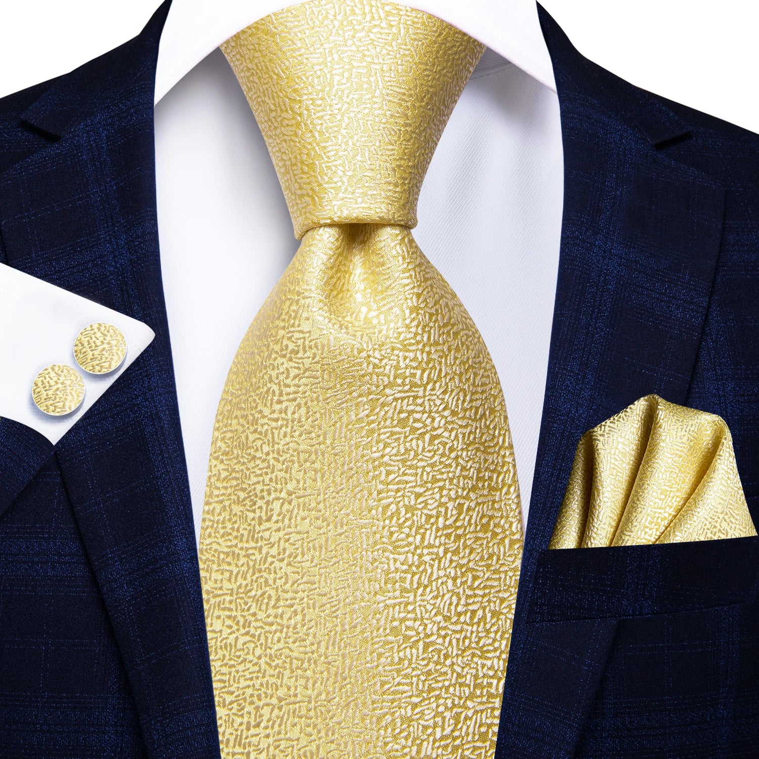 Designer Gold Solid Wedding Tie Men Handky Cufflink Striped Plaid