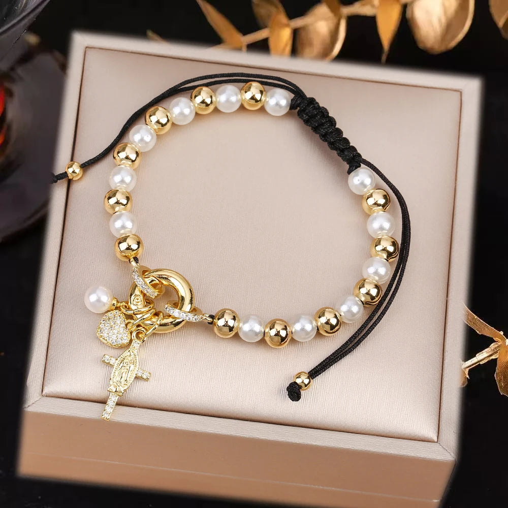 New Design Pearl Copper Braided Virgin Mary Zirconia Black Rope Bracelet Fashion For Woman Daily Party Jewelry Religious Gift Qme M