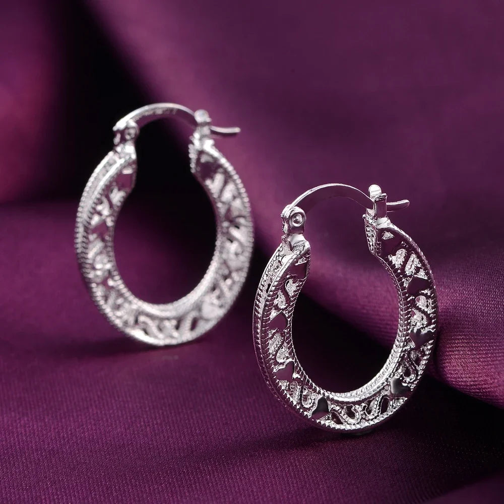1Pair 925 Sterling Silver Earrings for Women Jewelry Exquisite Round Carved Wedding Heart Christmas Gifts Party Qme