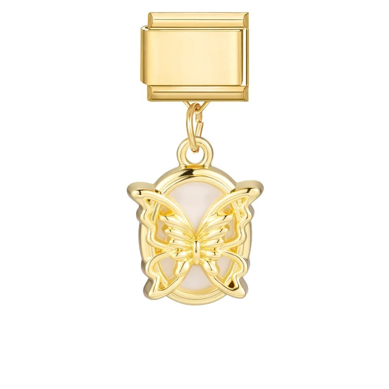 Fashion Flowers Rose Zircon Bowknot Butterfly Golden Italian Charm Links Fit 9mm Stainless Steel Bracelet Women DIY Making Gifts Qme Style 24