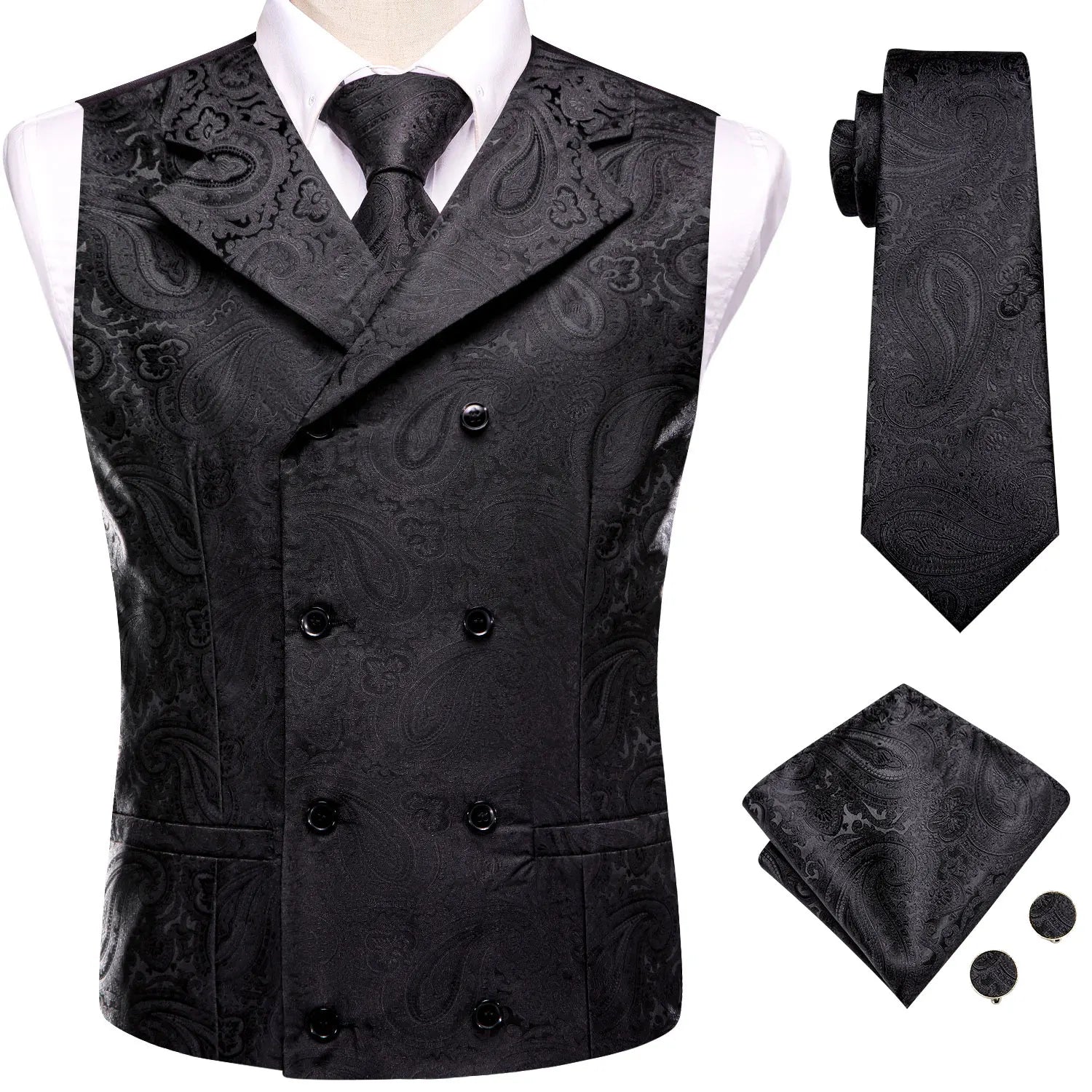 Mens Black Green Suit Vest Tie Hanky Cufflinks Set Jacquard Floral Paisley Waistcoat Necktie for Male Wedding Busniess Qme MJTZ3112 XXL