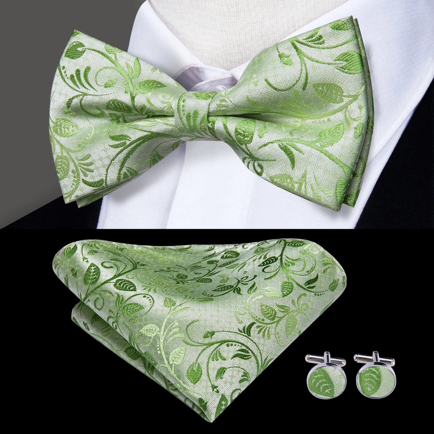 Hi-tie Dusty Pink Silk Mens Solid Sage Green Pre-tied Bow Tie Hanky