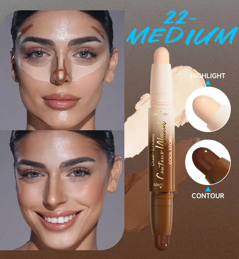 Dual-Ended Contour Highlight Stick Face Sculpting Matte Bronzers Shimmer Three-dimensional Natural V-face Makeup Nose Shadow Qme 22-Medium