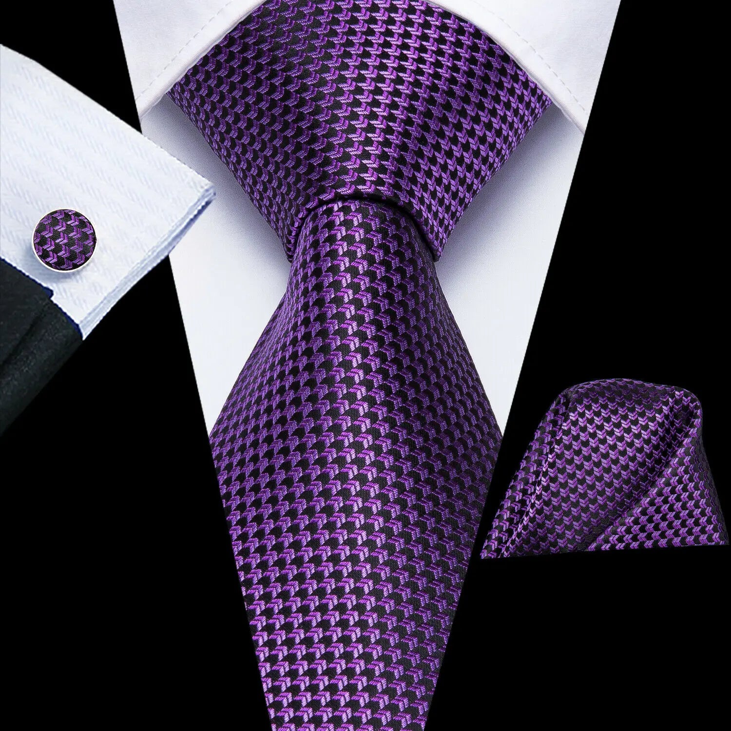 Hi-Tie 3pcs Mens Tie Purple Floral Stripes Solid Necktie Pocket Square Cufflinks Set Wedding Formal Casual Office Party Qme LDSN3198