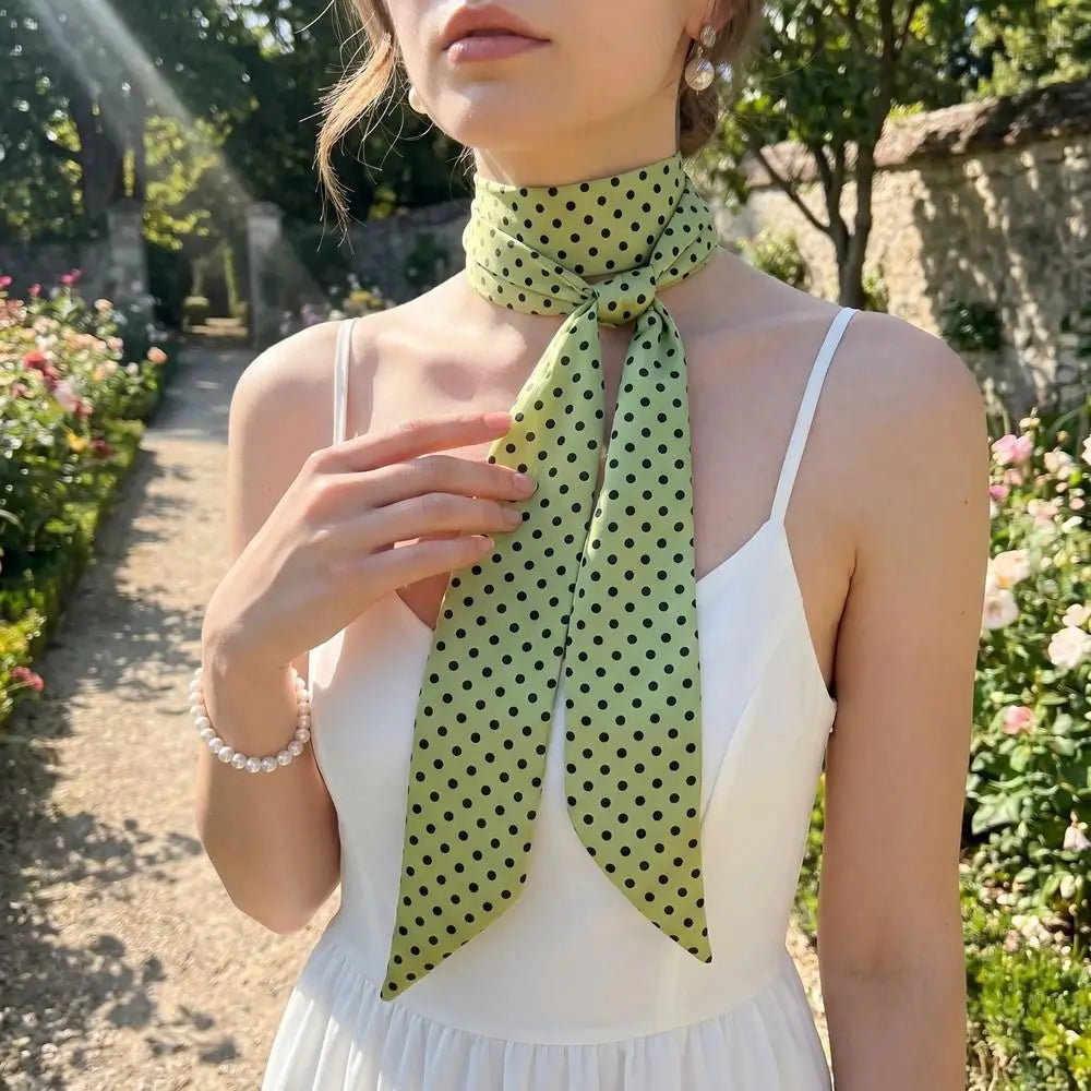 Retro Bow Ties Long Silk Scarf Ice Cream Printed Plaid Hair Band Qme