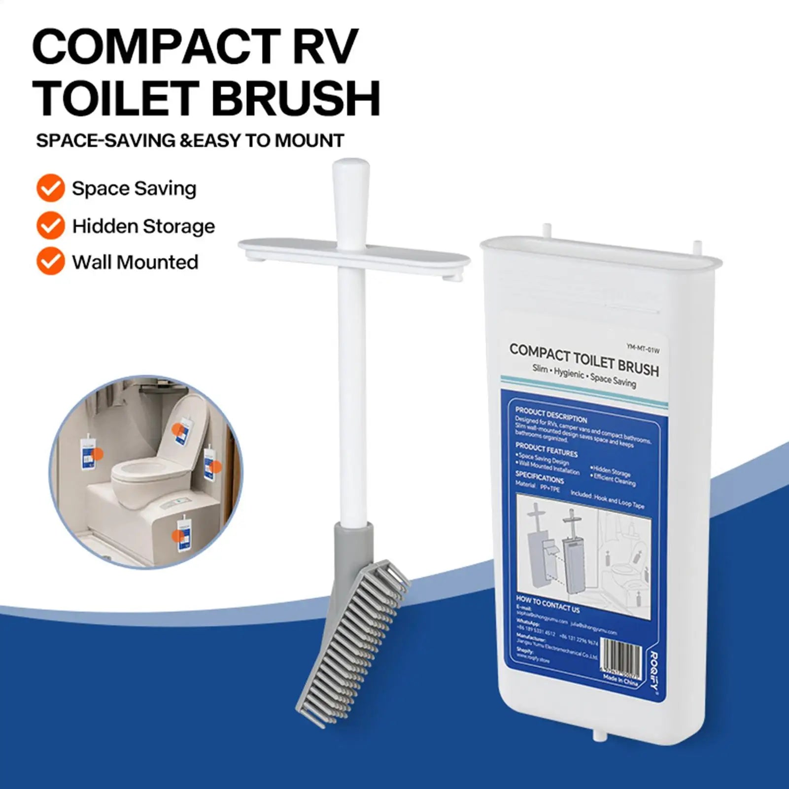 RV Toilet Brush with Holder Wall-Mounted Retractable Head Compact Toilet Scrubber Set for RV Camper Travel Home Bathroom Qme
