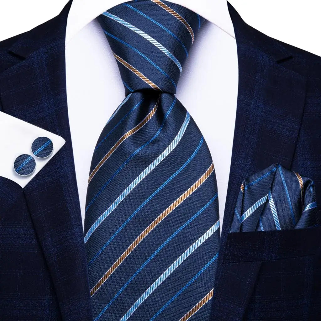Hi-Tie Navy Blue Floral Striped Silk Elegant Tie For Men Groom Wedding Men Necktie Pocket Square Cufflink Accessory Wholesale Qme N-3908