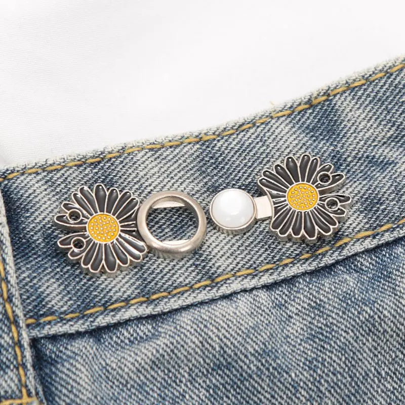 Reusable Metal Flower Buttons Pearl Snap Fastener Pants Pin Retractable Sewing-on Buckles for Jeans Fit Reduce Waist Accessories Qme