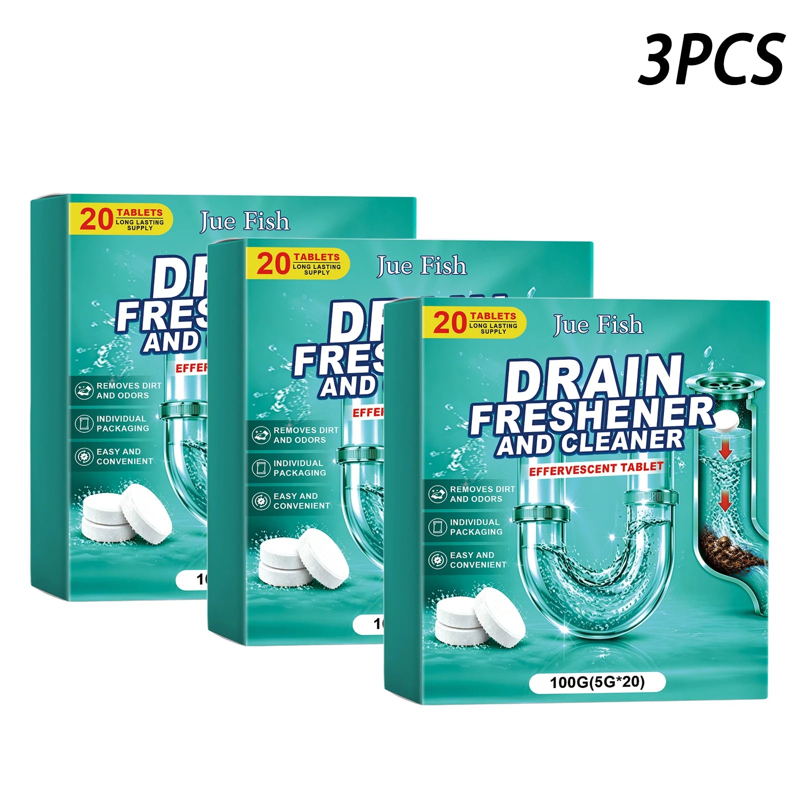Sink Drain Cleaning Tablets Dissolving Grease & Food Residue Prevent Pipe Blockage Long-Lasting Fresh Fragrance Pipe Maintenance Qme 3 x 100g Boxed