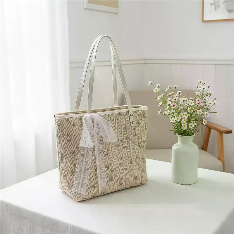 Woven Straw Tote Bag With Floral Embroidery And Lace Bow Detail Shoulder Bag Perfect For Daily Commute Beach Trips Shopping Qme