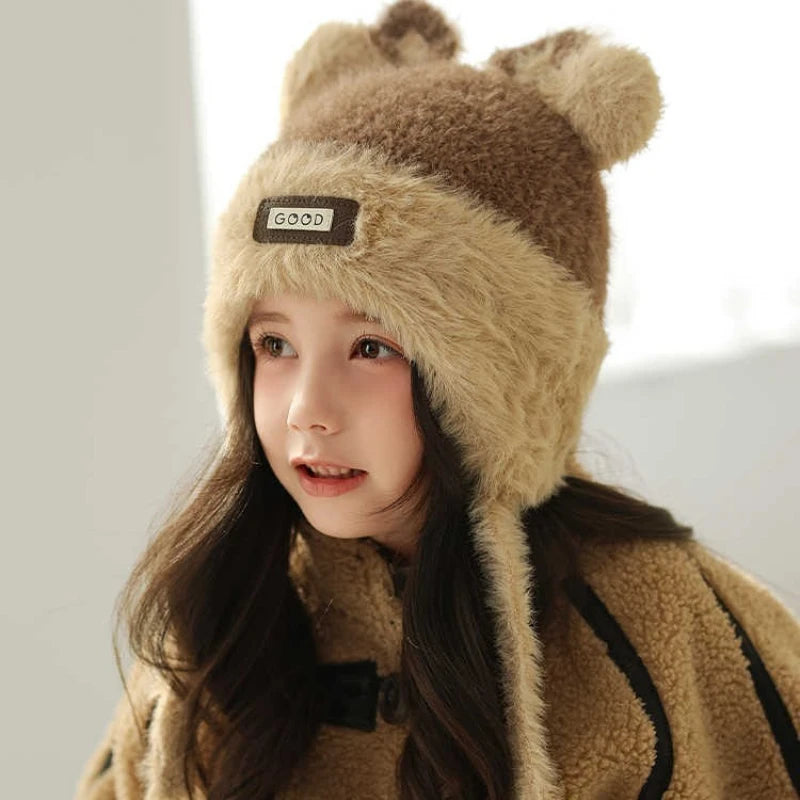 Girls' Winter Autumn Cute Bear Fleece-lined Warm Knitted Ear Qme