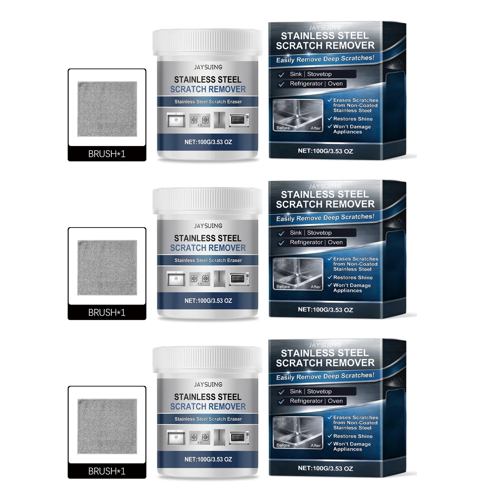 Jaysuing Stainless Steel Scratch Repair Cream Remove Scratch Restore Shine Appliances Renovation Stainless Steel Polishing Agent Qme 3 x 100g Boxed