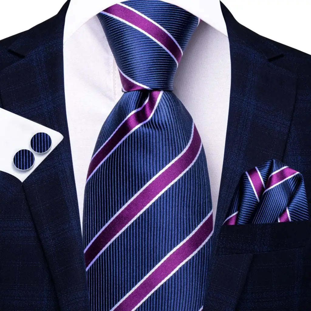 Hi-tie Men Fashion Striped Blue Necktie Handkerchief Cufflinks Tuxedo Qme 3749