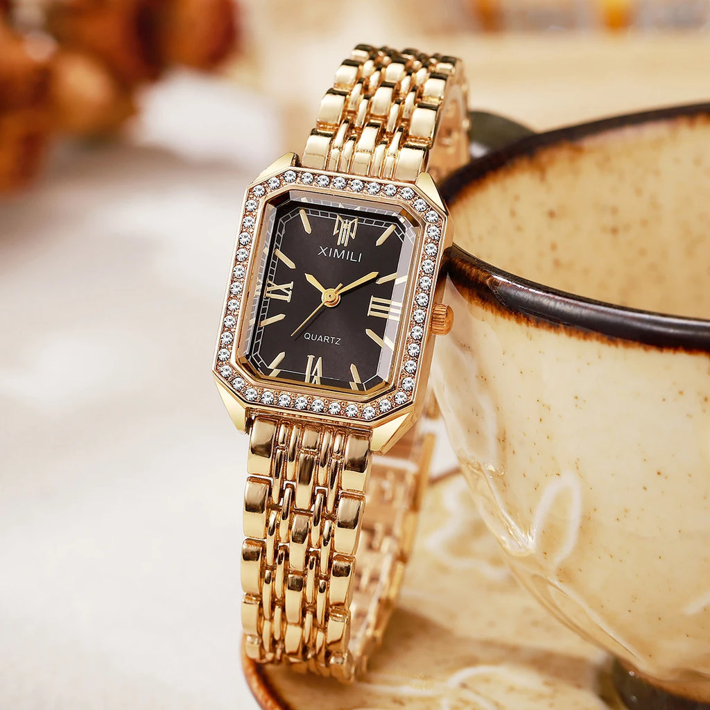 Luxo strass relógios femininos moda retângulo pulseira relógio de pulso de quartzo para meninas reloj mujer Qme