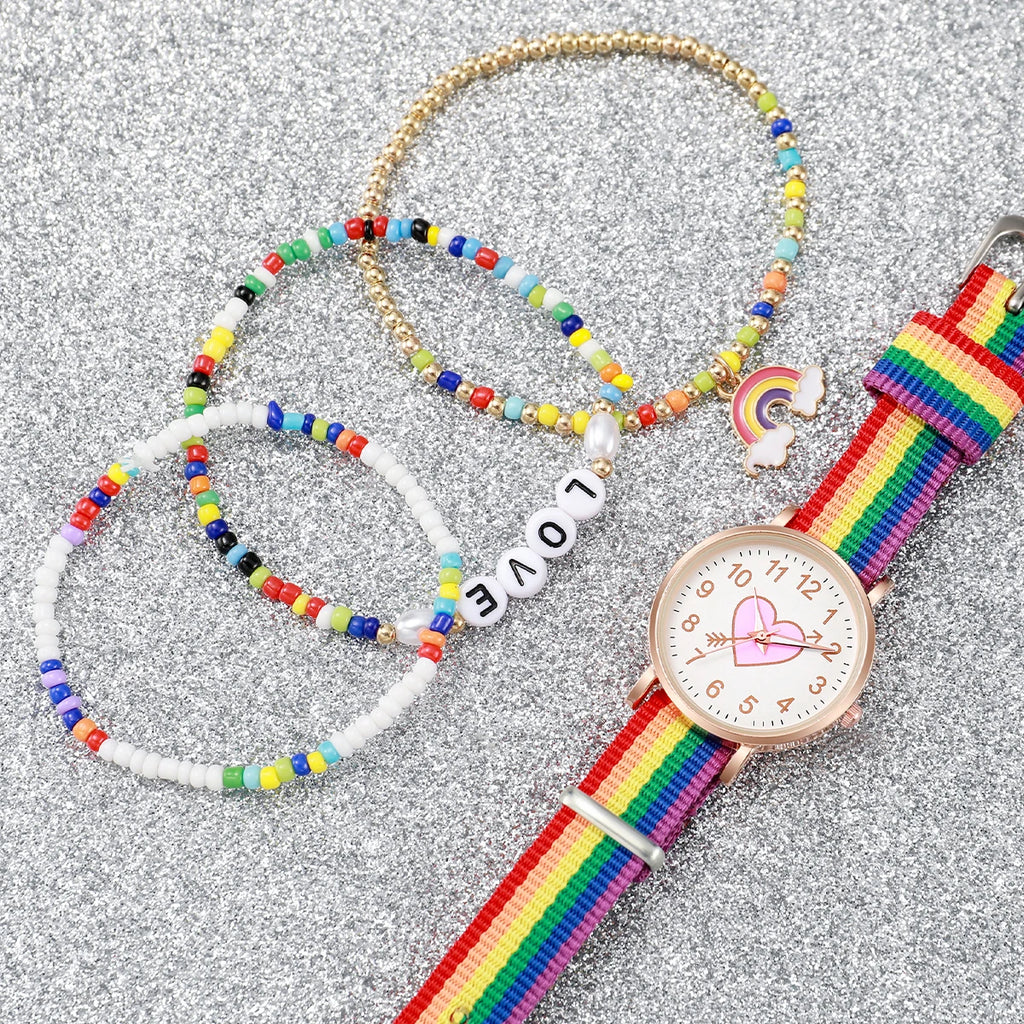 4 Pçs/set Moda Coração Dial Relógio Feminino Banda de Nylon Relógio de Quartzo Arco-íris Contas Pulseiras Conjunto Qme