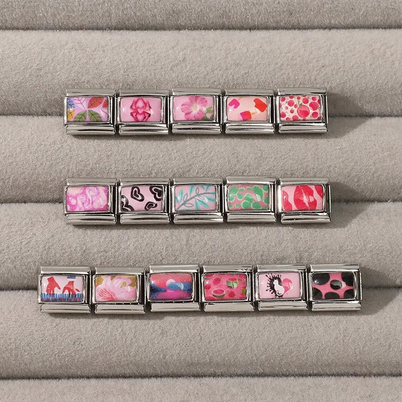 2026 New Original Splash-ink Love Heart Cat Pink Series Italian Link Fit 9mm Stainless Steel Bracelet Making DIY Charm Jewelry Qme