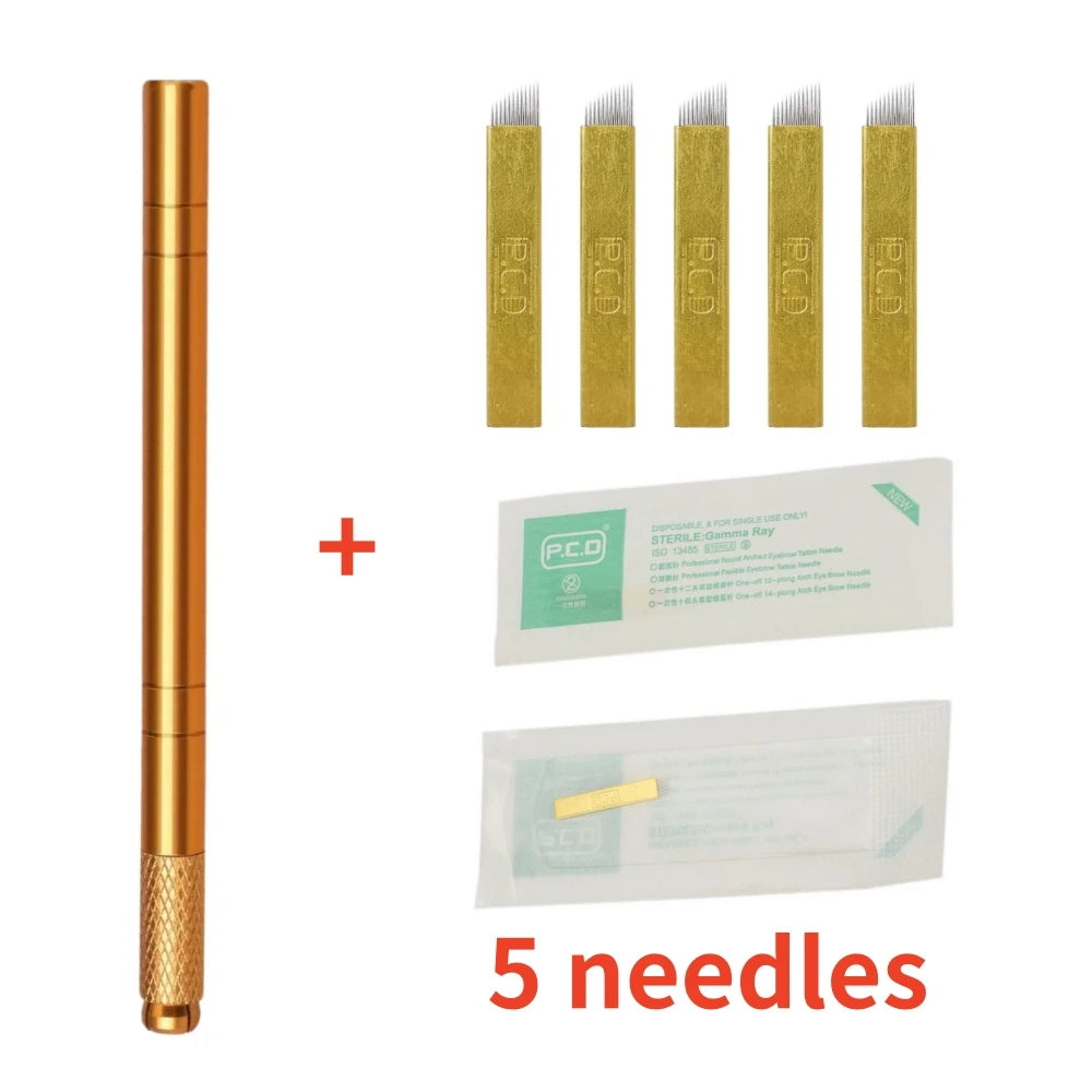 Golden Tebori 3D Microblading Tattoo Pen Needles Permanent Makeup Manual Professional Eyebrow Microblading Tattoo Set Tool Qme Golden 5 Needles