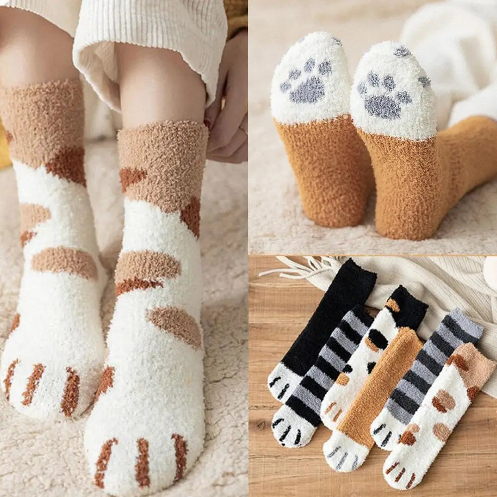 Women Winter Warm Fluffy Socks Cute Animal Claw Cat Paw Footprint Fuzzy Socks Female Thick Coral Fleece Home Floor Sleep Socks Qme
