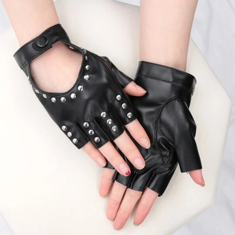 Unisex Y2K Gothic Lolita Black Fingerless Gloves Motor Cool Rivet Qme A1 One Size