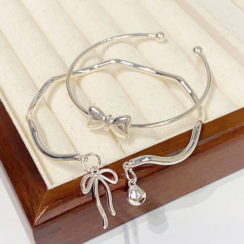 Simple and Irregular Titanium Steel Cute Open bangle Adjustable Butterfly Bell Bowknot Heart Shaped Women's Girl Bracelet Qme