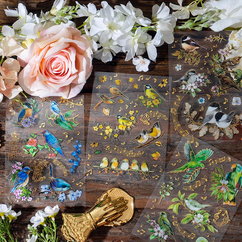 2 pcs/lot Bronzing Flowers birds flat Stickers colorful bird Decorative sticker Diy Scrapbooking material Craft Supplies Qme