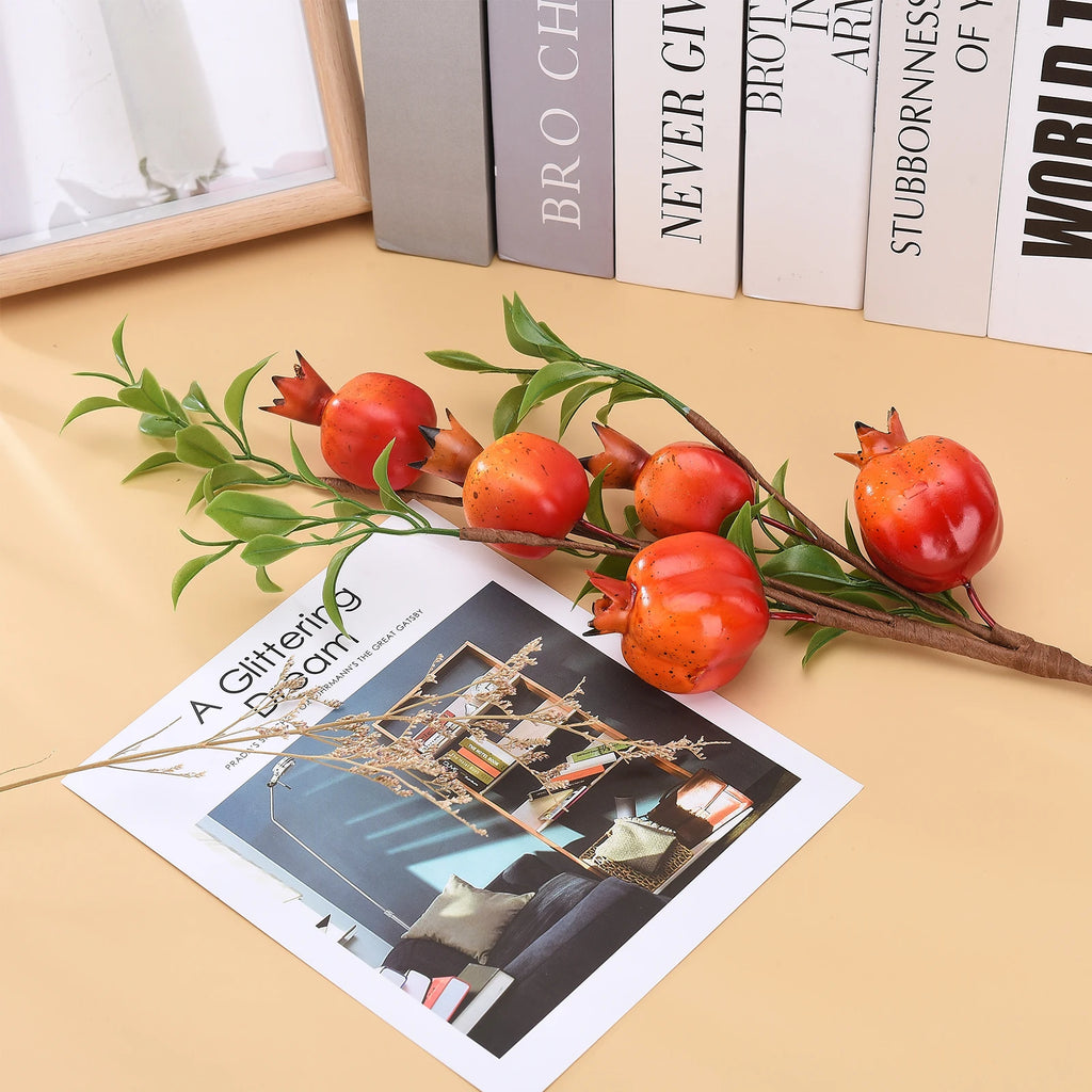 Artificial Pomegranate Branch with Red Fruit Green Leaves Simulated Decoration for Home Artificial Pomegranate Fruit Branch Qme
