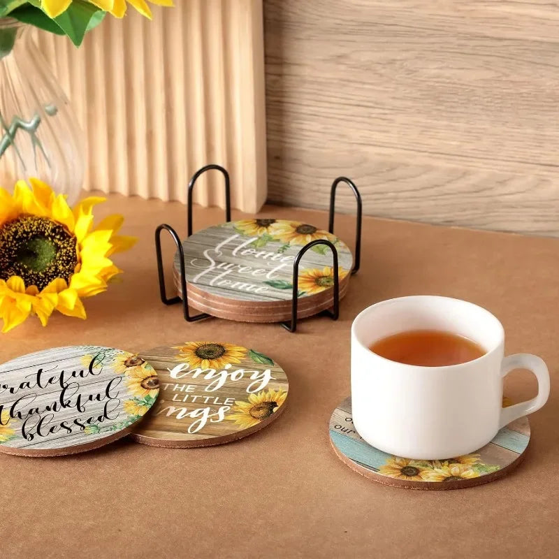 Vintage Sunflower Drink Coasters Holder Absorbent Wood Coaster Qme