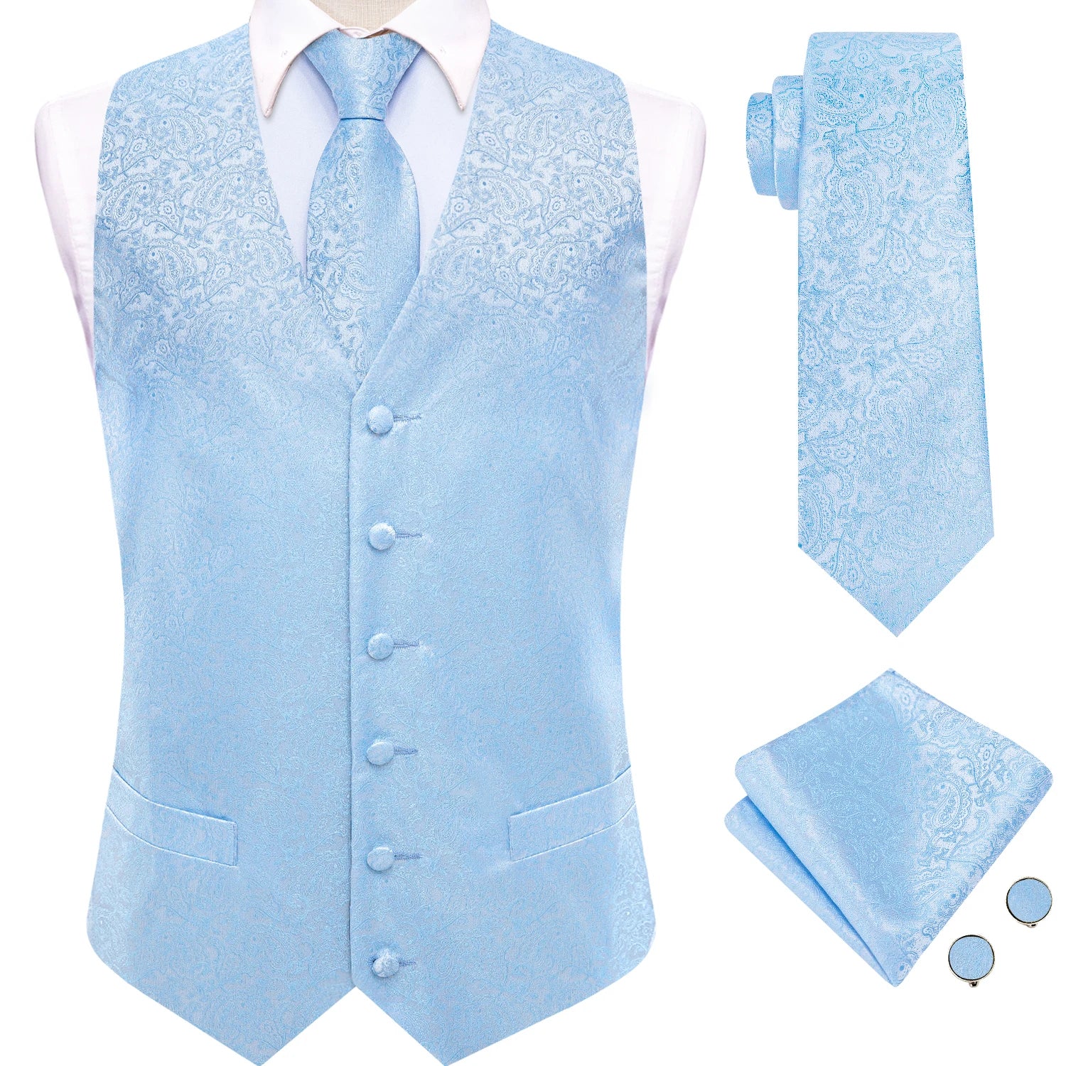 Mens Suit Purple Sky Blue Vest Tie Hanky Cufflinks Set Floral Paisley Waistcoat Sleeveless Jacket Necktie for Wedding Busniess Qme MJTZ3530 XXXL