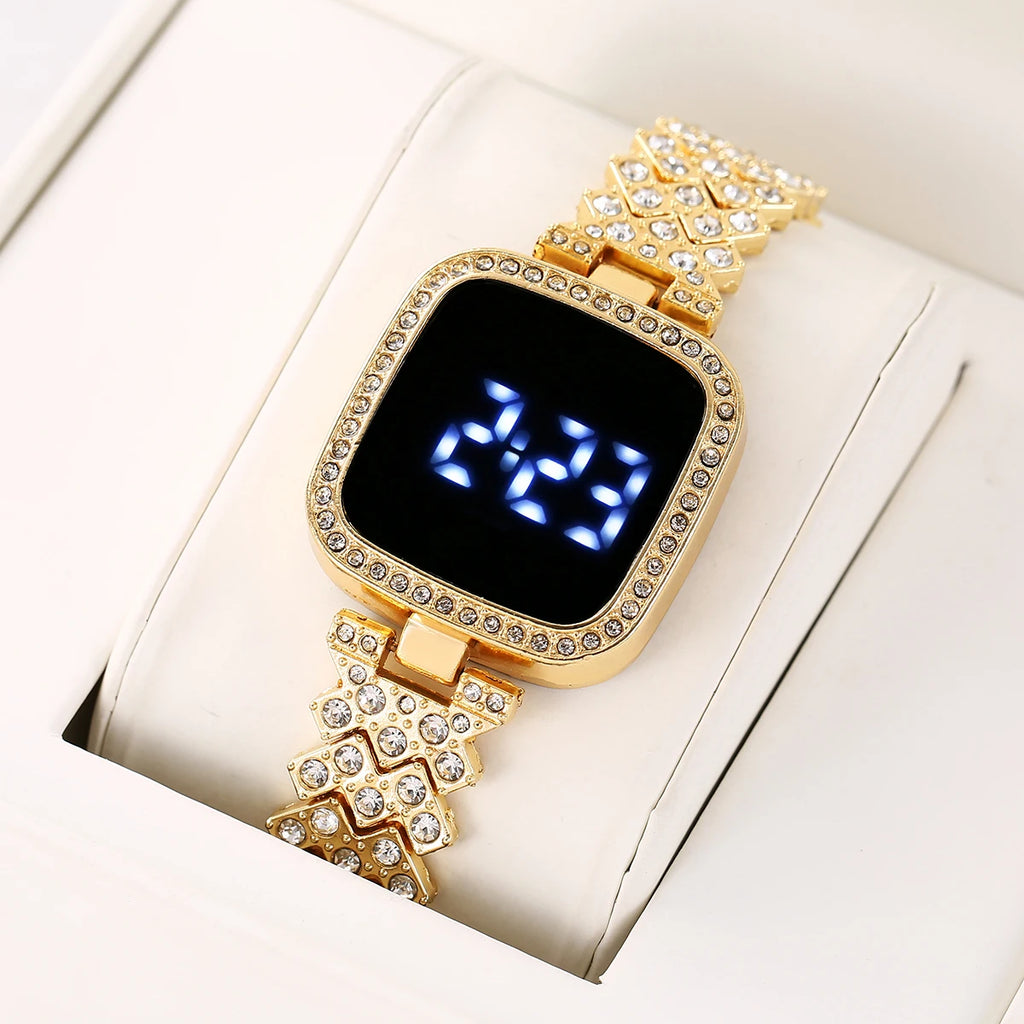 Small Fresh Square Ladies' Diamond Set Watch LED Alloy Touch Fashion Personalized Electronic Watch Qme