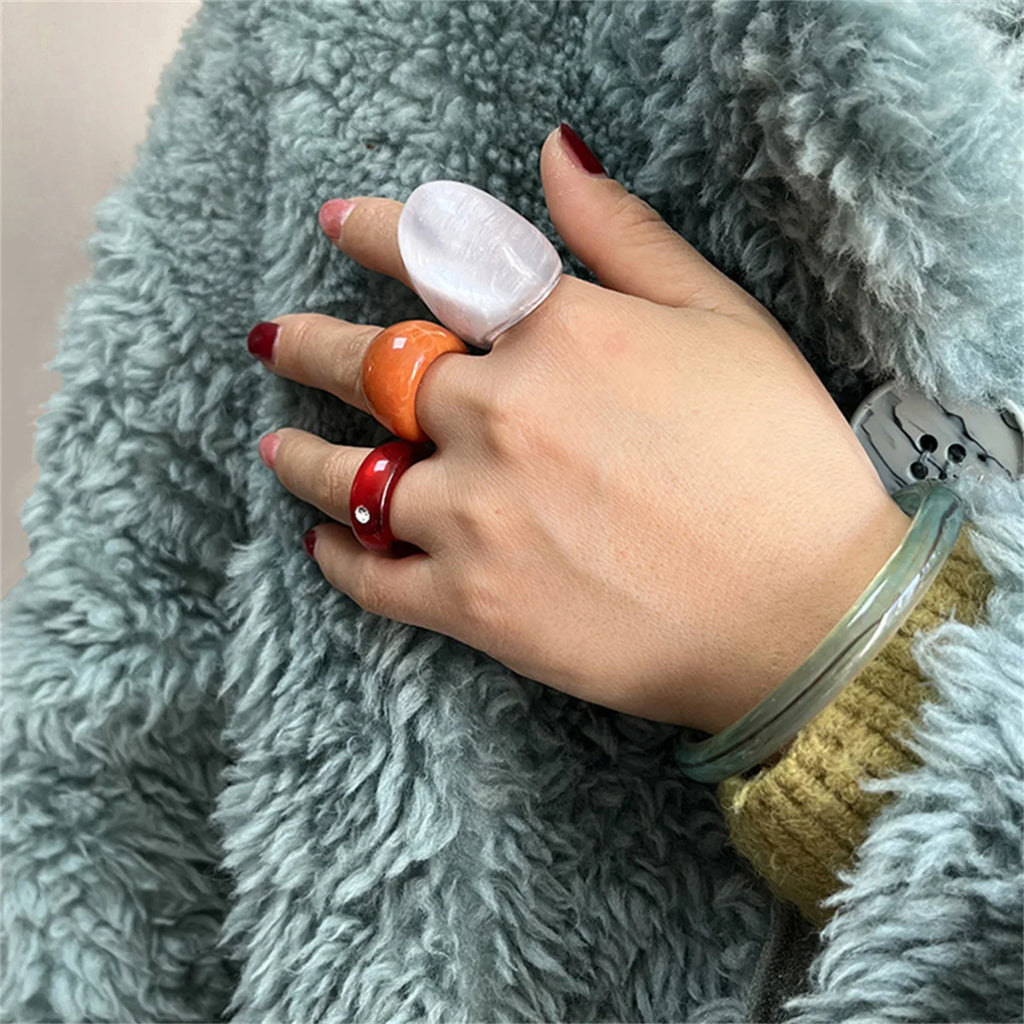 Cute Y2k Transparent Resin Chunky Large Rings Geometric Oval Wide Vintage Jewelry Gift for Women Girls New Ins Hip Hop Rings Qme