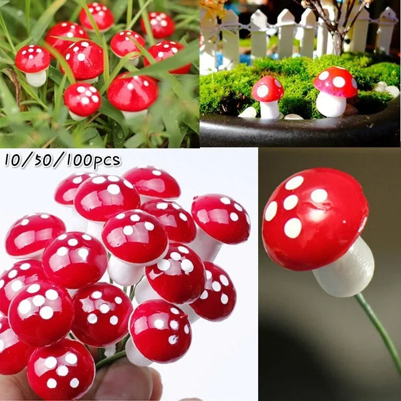 100/50/10PCS Mini Mushroom Fairy Garden Miniatures Resin Moss Terrarium Decor Artificial Plant Stakes DIY Craft Accessories Qme
