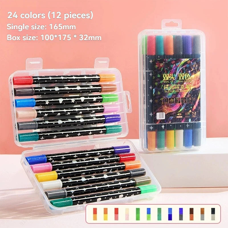 ArtShip Glitter Marker Pens, Double Brush Tips Highlighter Markers, for Painting, Ceramic, And Fabric, Water Based Non-Toxic Qme 12 pieces-24 colors