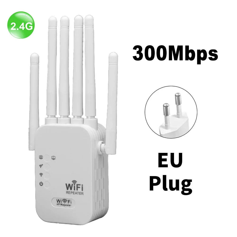 Dual Band Wireless WiFi Signal Extender 300/1200Mbps 2.4G/5G Wireless Repeater with 6 Antennas EU/US Plug Home Network Booster Qme 300Mbps EU Plug
