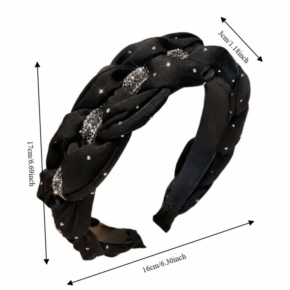 Wide Brim Rhinestone Headband Soft Fabric Twisted Knotted High Cranial Hair Hoop Elegant Non-Slip Braided Hairband Women Qme