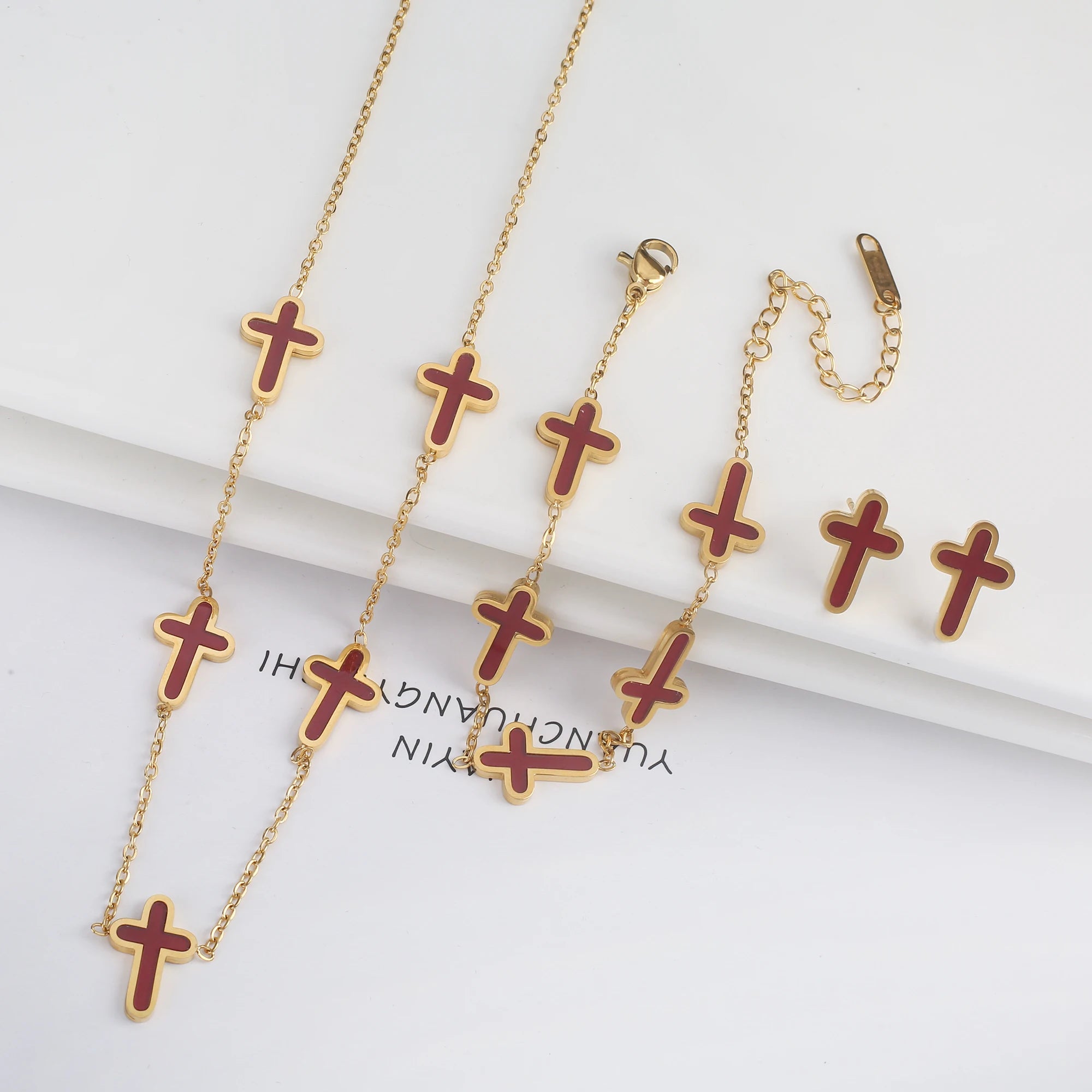 INS Hot Sale Charms Stainless Steel Shell Cross Necklace Jewelry Set Bracelet Earrings Luxury for Party Daily Wear Jewelry Gift Qme Set 7