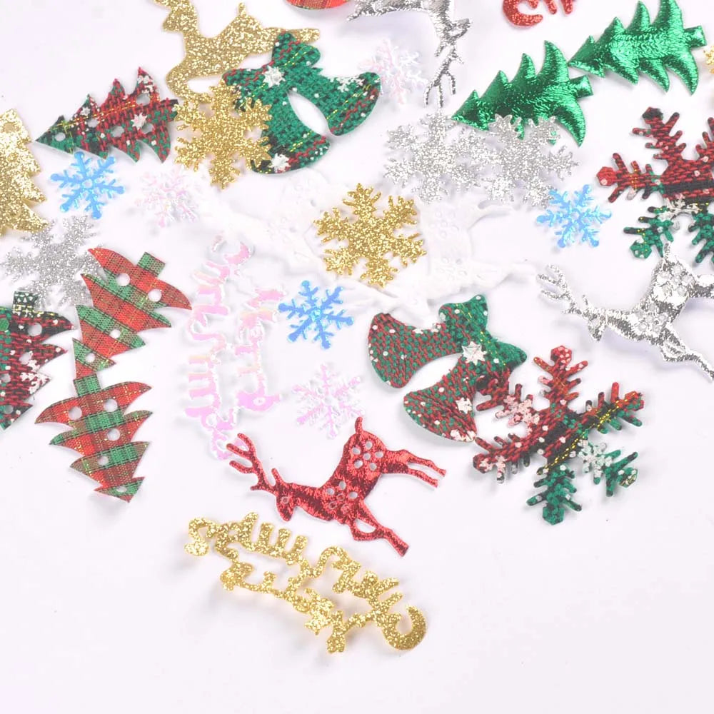 50Pcs Cute Glitter Elk Snowflakes Christmas Tree Patches For Clothes Stick-On Appliques DIY Kids Hairpin Bowknot Accessories Qme