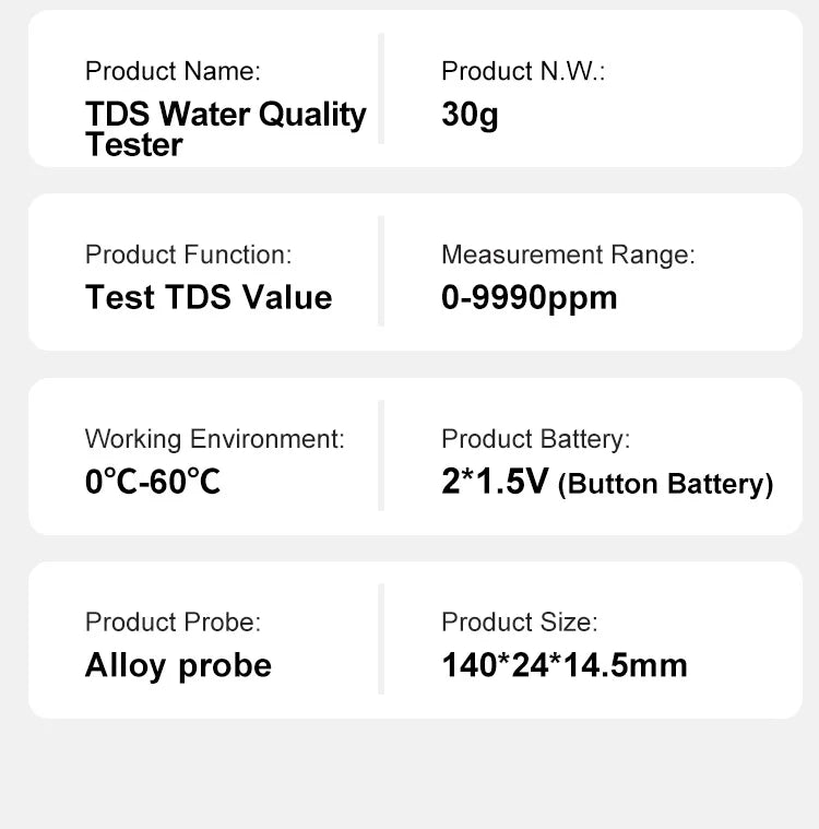 Portable TDS Water Tester Pen 0-999ppm Alloy Probe Detector LCD Qme