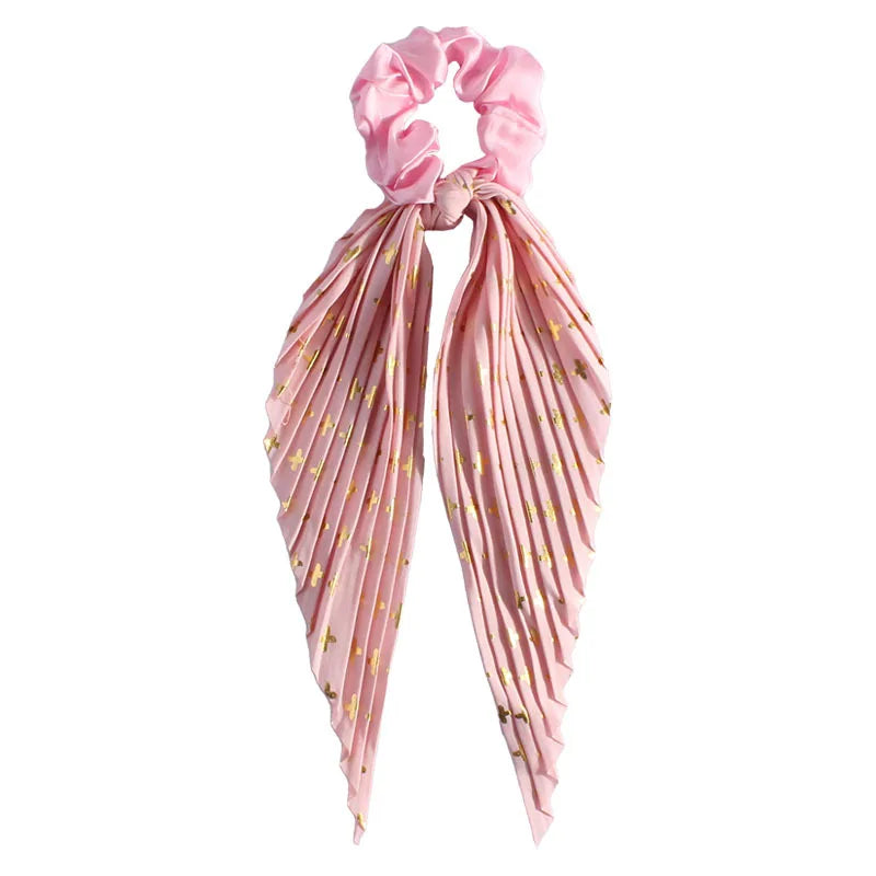 Handmade Pleated Hair Scrunchie with Long Ribbon,Elastic Hair Tie for Girls,Retro Ponytail Hair Rope Fashion Hair Accessories Qme Pink 5Pcs