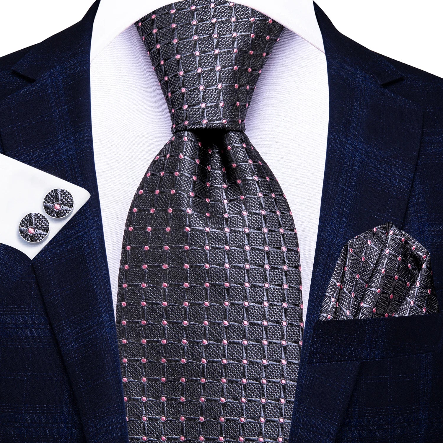 Hi-tie Fashion Blue Plaid Dots Men's Elegant Tie Handkerchief